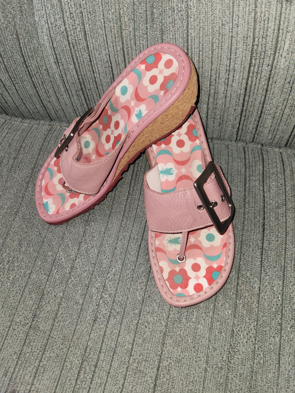 🍉Fly London Yomu Pink Floral Cork Wedge Slide Sandals